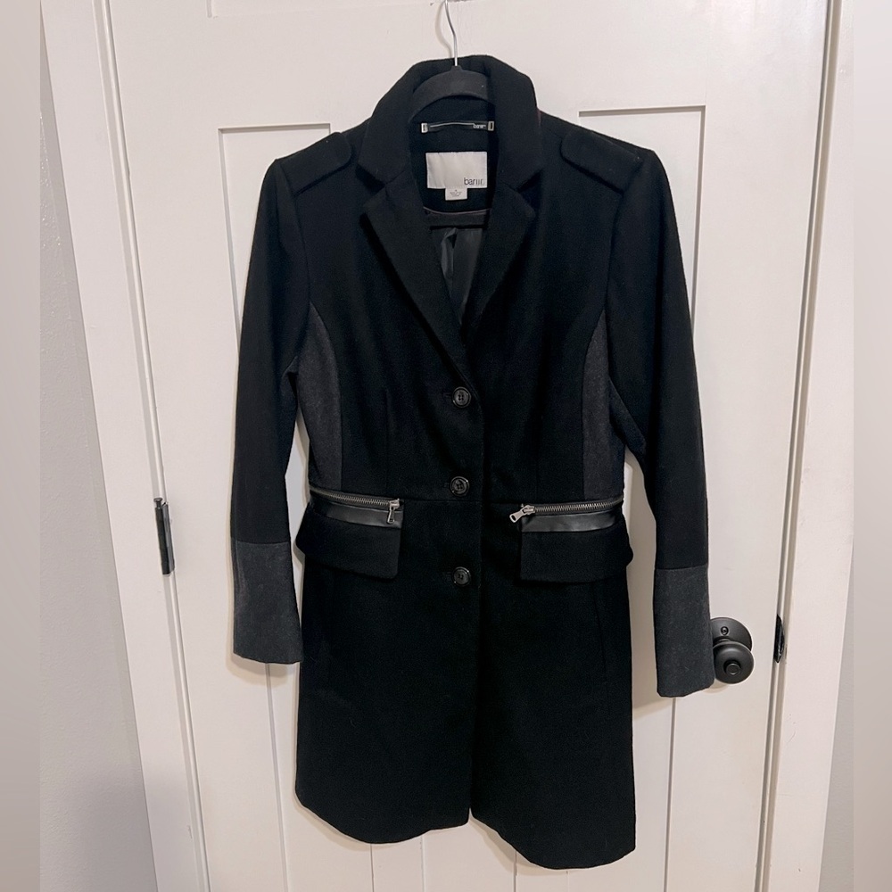 Bar III Womens Black Colorblocked Pleather-Trim Wool Walker Coat Size Small